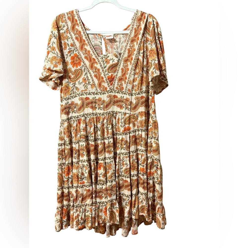 Bila Boho Floral Paisley Dress Tiered Ruffle Hem VNeck Short Sleeve Peasant Sz L